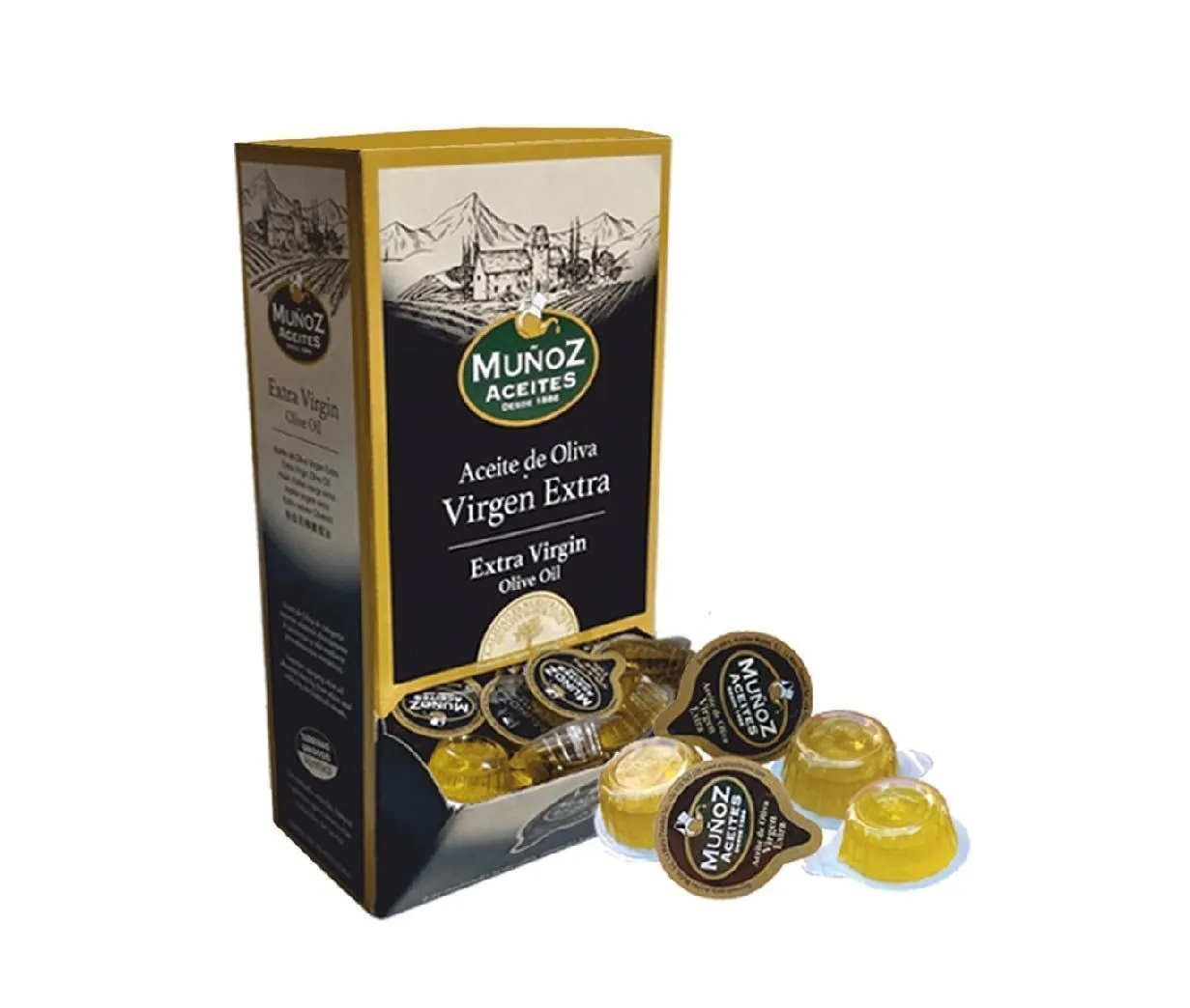 Aceite de oliva virgen extra en monodosis de 10 ml, caja de 168 unidades