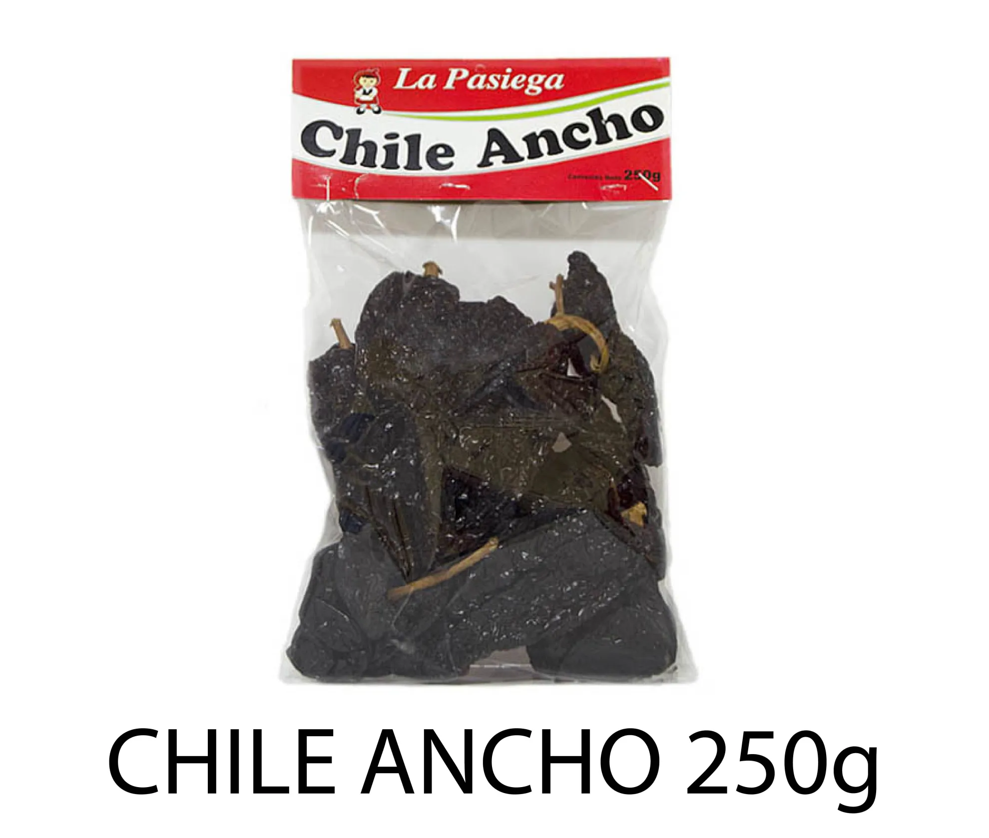 Chile seco ancho La Pasiega en envase de 250 g, caja de 12 unidades